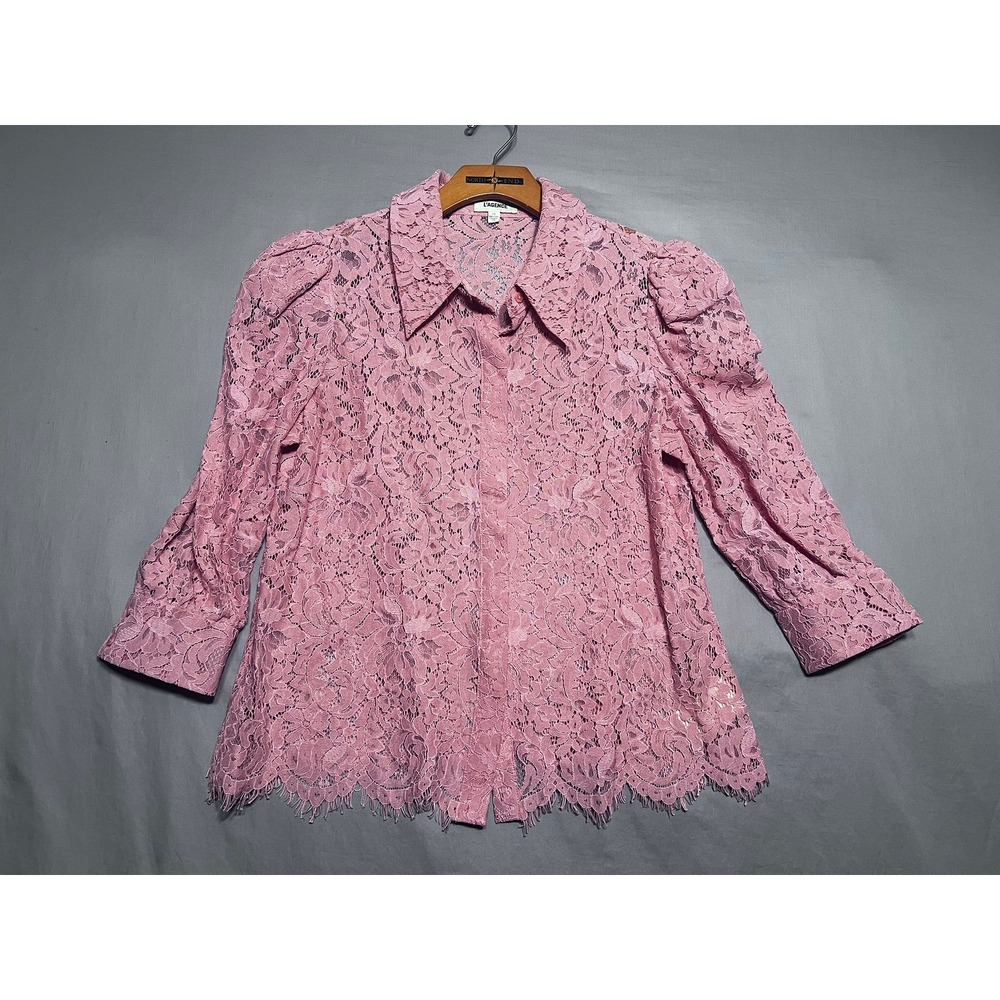 L'AGENCE Pink Floral Lace Button Down Blouse Puff Shoulder 3/4 Sleeve Large